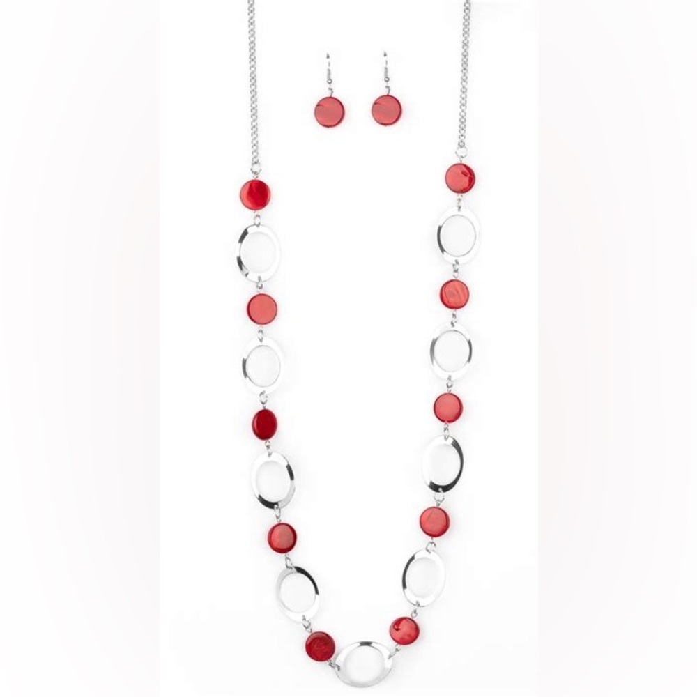 *Long silver and red shell like beads necklace.